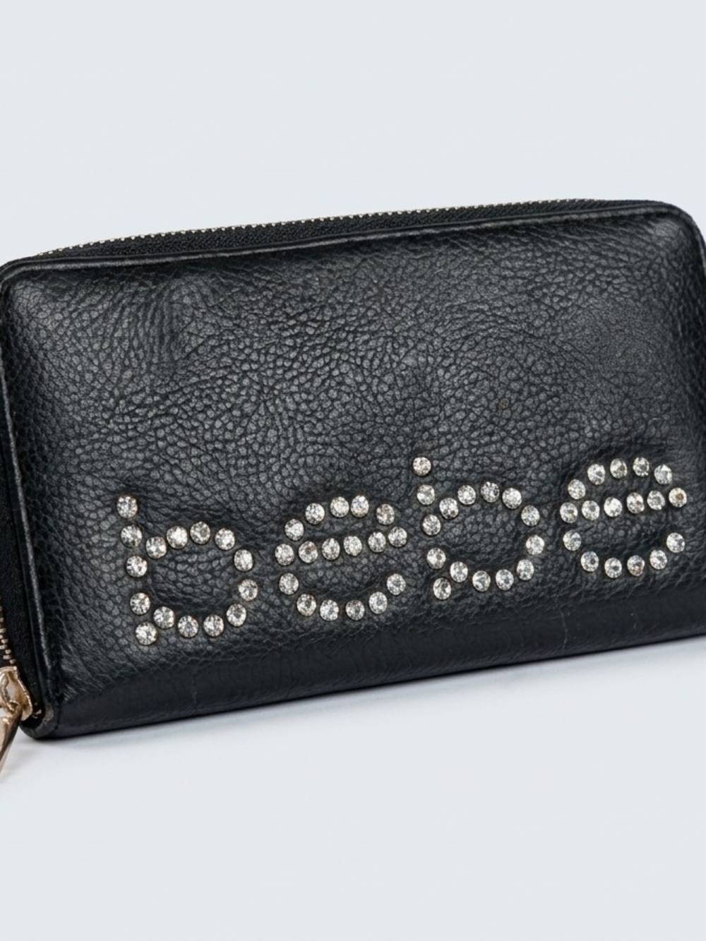 bebe Black Crystal Logo Zip Wallet